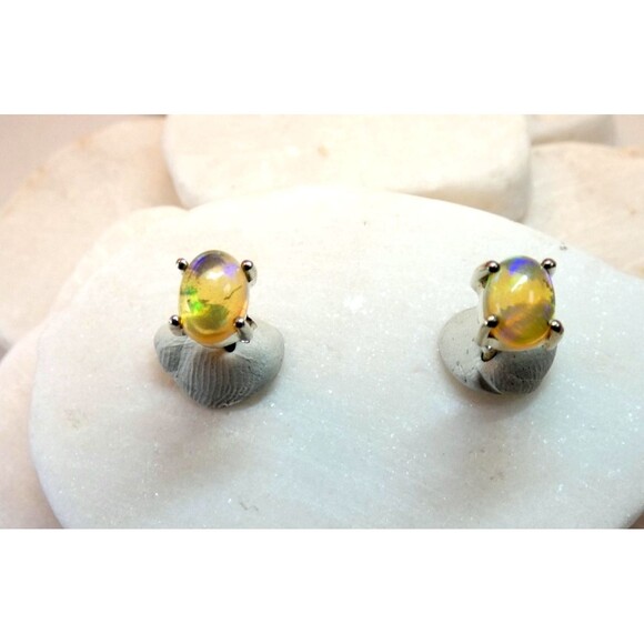 Natural Glowing  Australian Opal Sterling Silver Stud Earrings - Picture 1 of 7